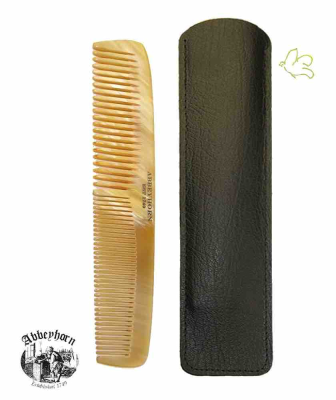 Grand Peigne en corne à double denture avec étui cuir (16,8 cm)